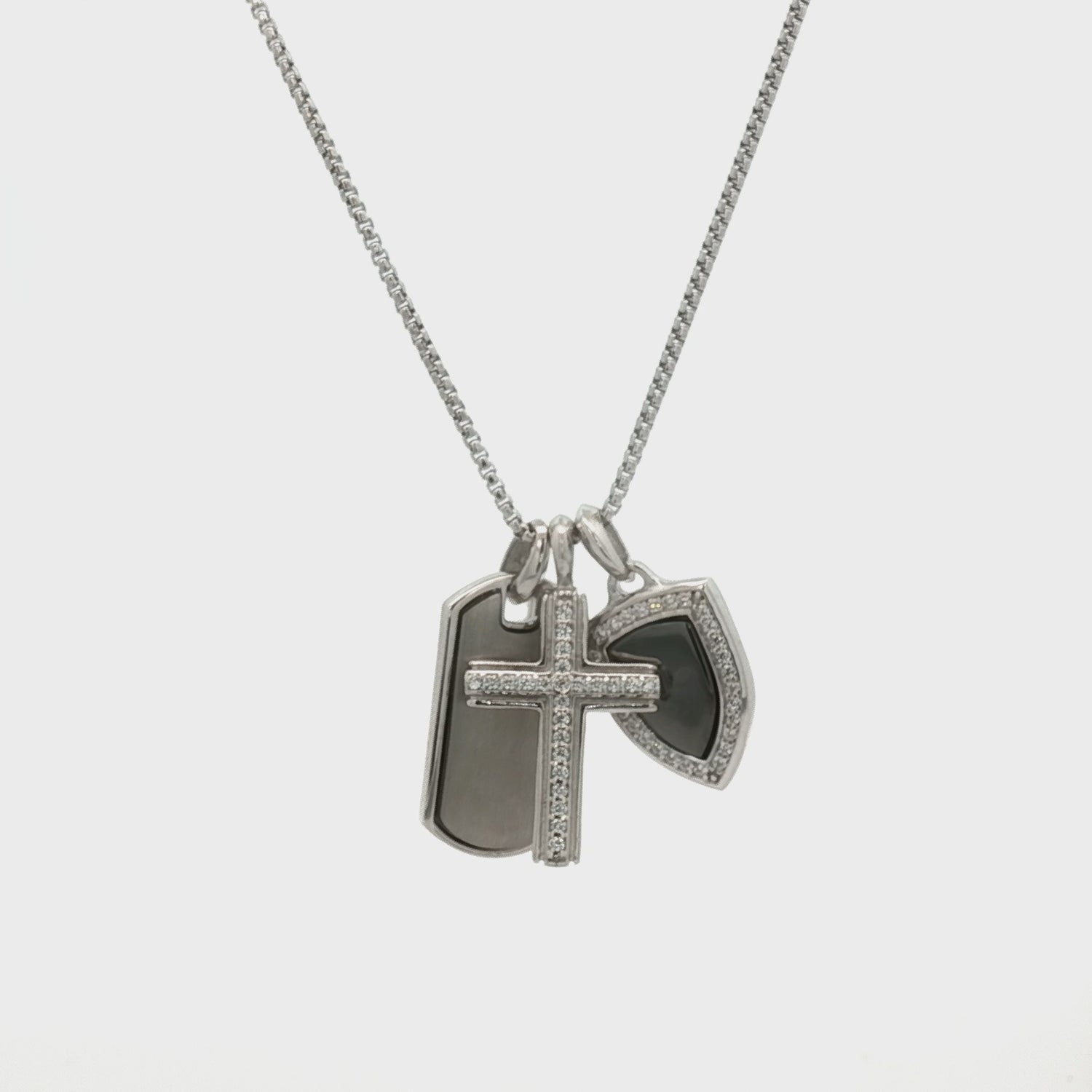 Shield CZ Pendant,  Dog Tag Pendant, and Cross Pendant on a Rounded Box Chain