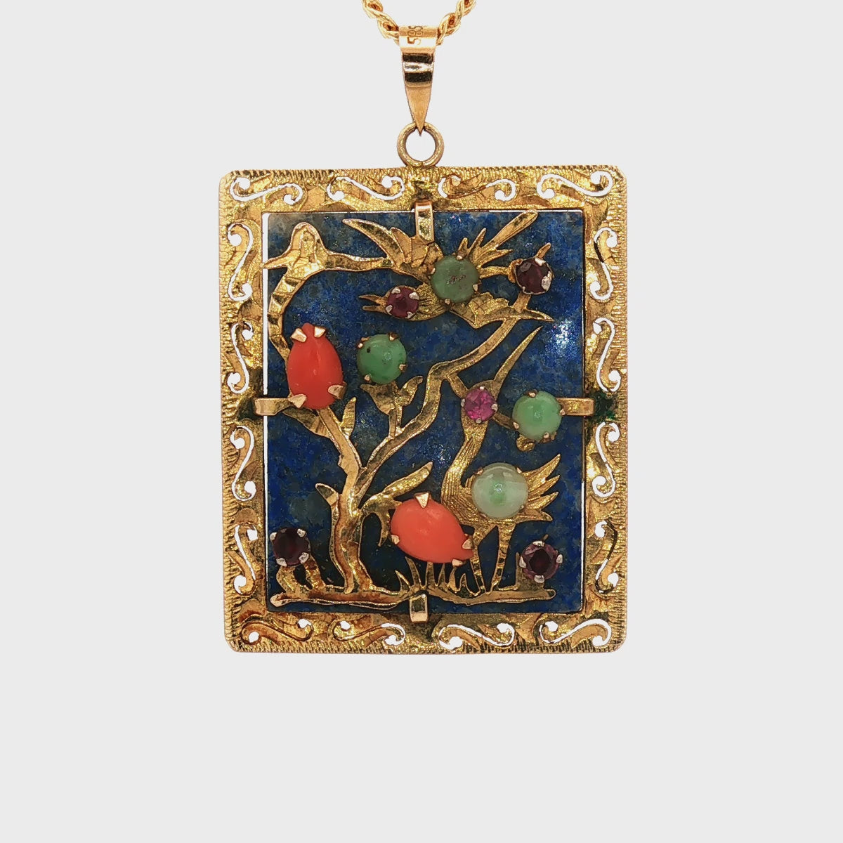 14k Yellow Gold Mutlti Gemstone Nature Pendant with Birds and Trees Motif