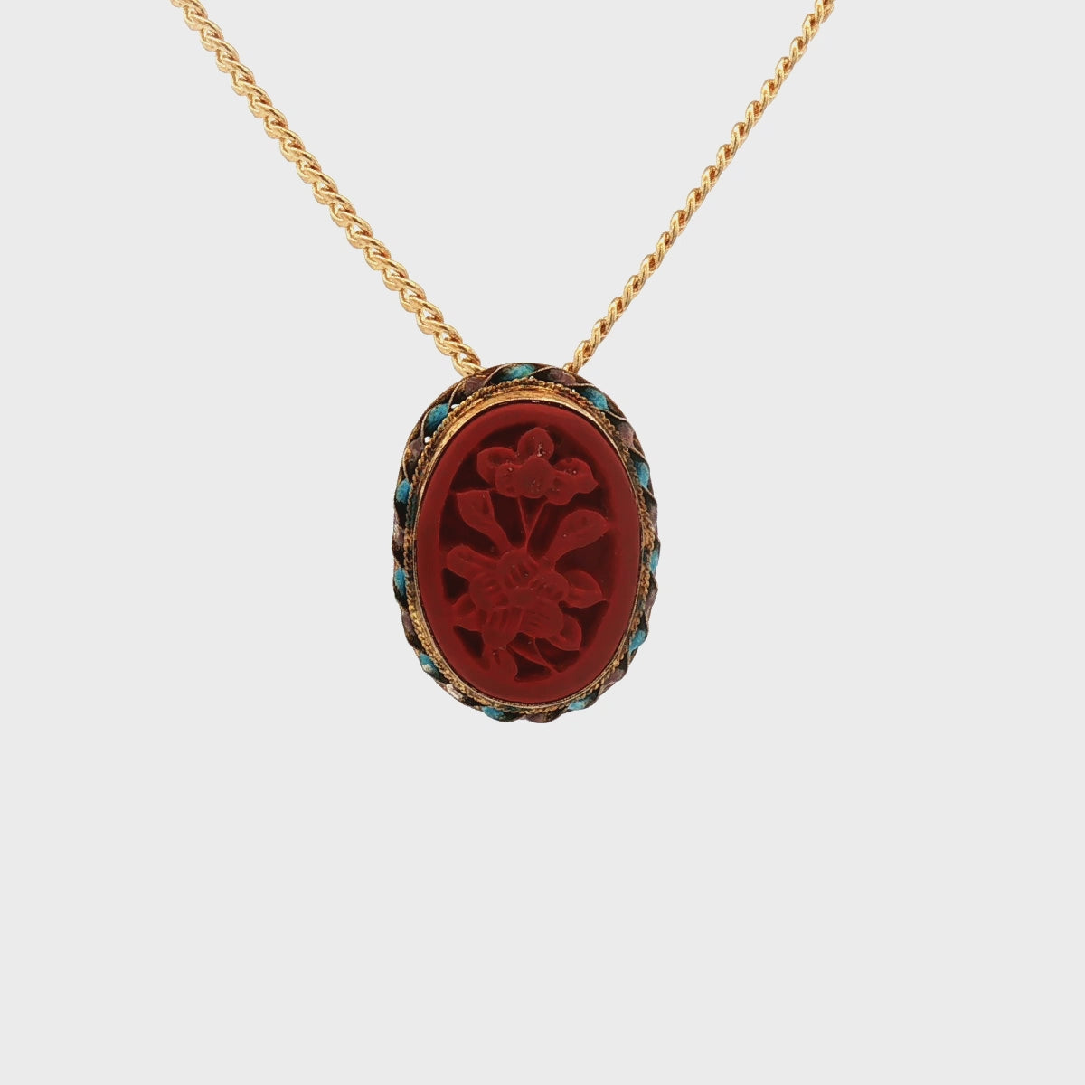 Gold over Sterling Silver Enameled Converted Pin with Floral Red Stone