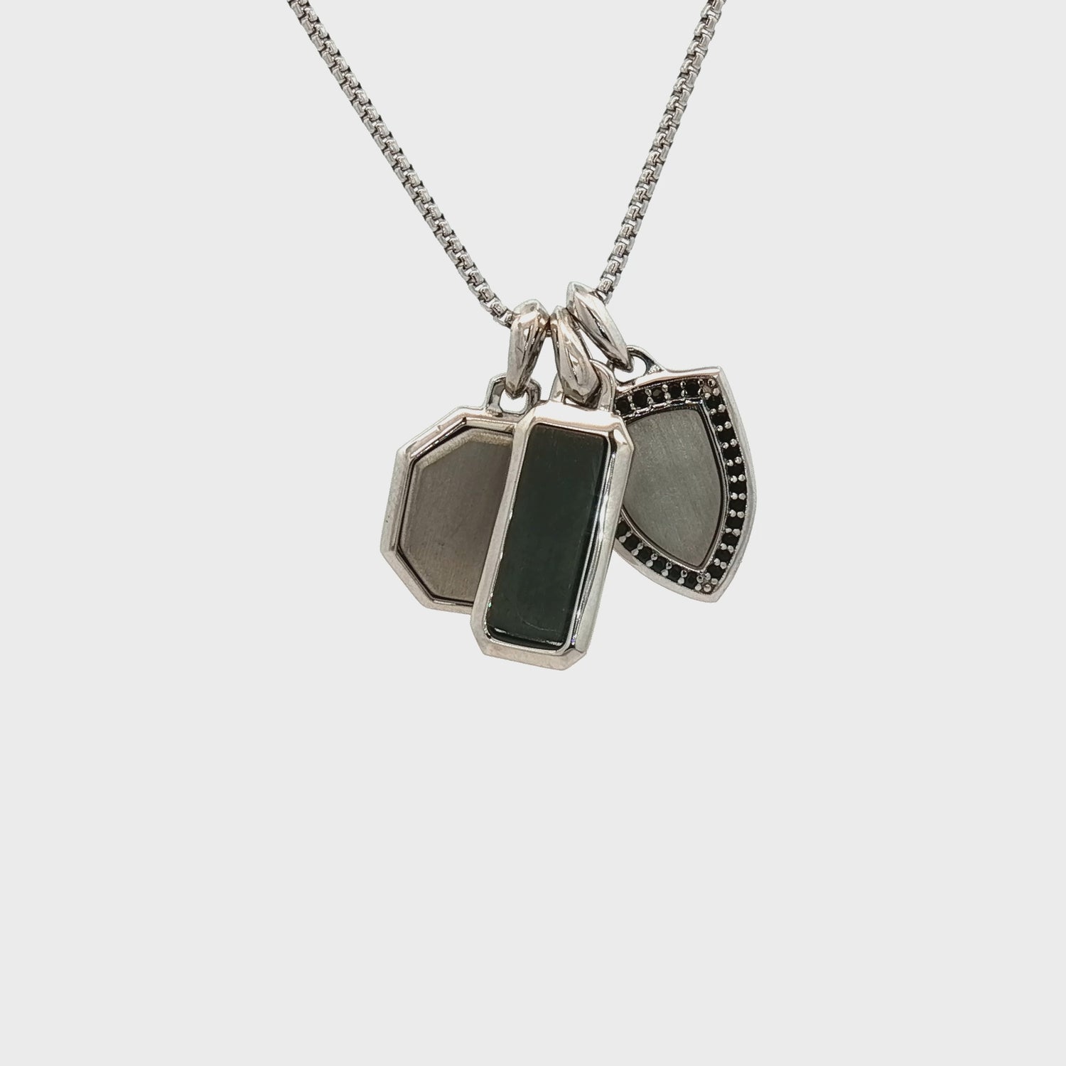 Rectangle, Octagon, and Shield Pendants on a Rounded Box Chain