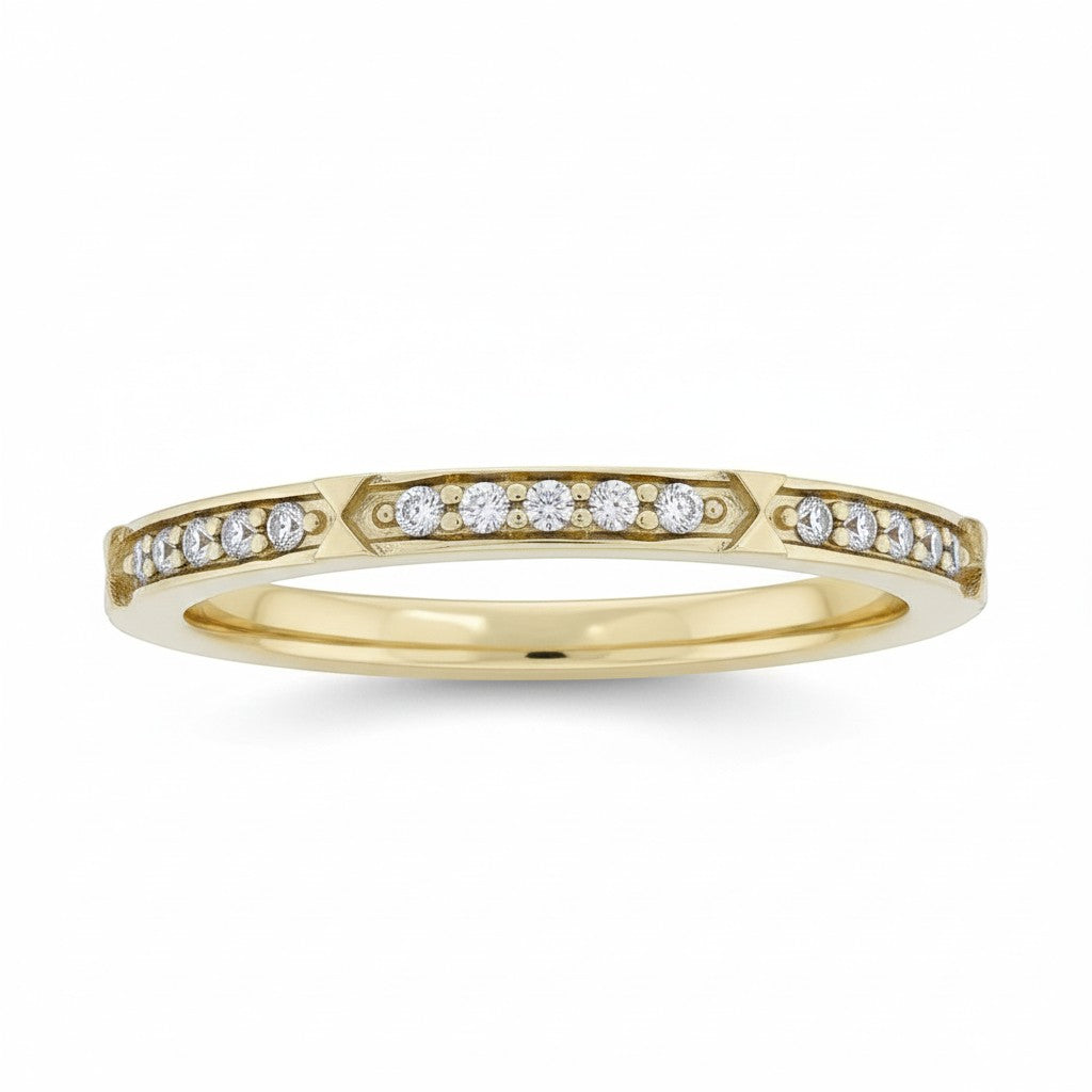 Selman's Jewelers Mazie 14k yellow gold band with 0.06ctw diamonds and geometric accents.