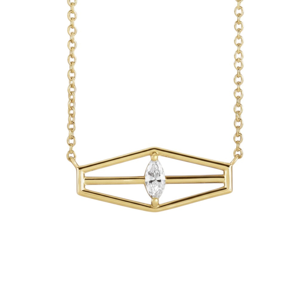 Selman's Jewelers 14k yellow gold geometric necklace with a marquise diamond.