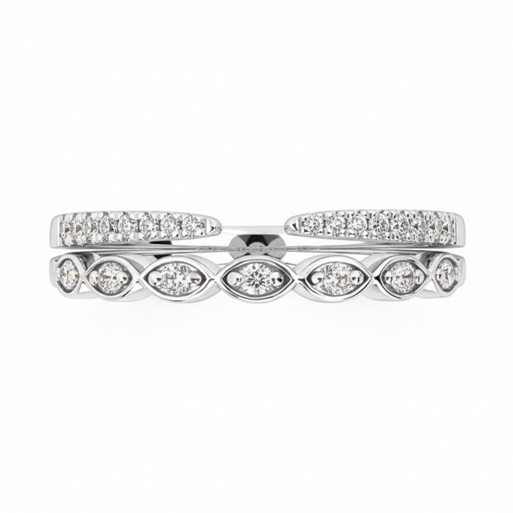 Selman's Jewelers 14k white gold double open wedding band with 0.20ctw diamonds in a marquise-shaped setting.