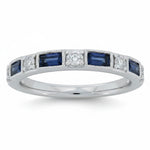 Selman's Jewelers 14K white gold band with alternating round diamonds and baguette sapphires, milgrain detail.