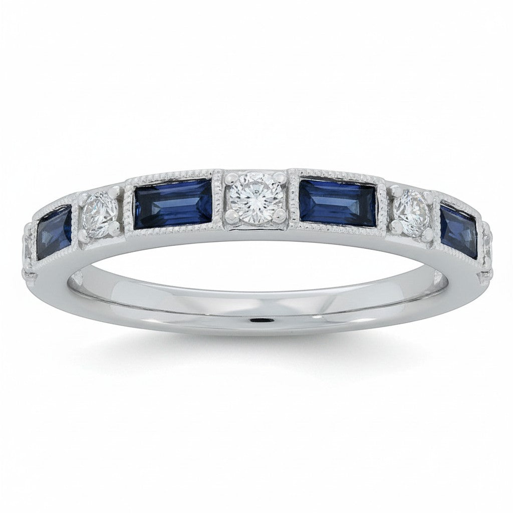 Selman's Jewelers 14K white gold band with alternating round diamonds and baguette sapphires, milgrain detail.