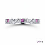 Selman's Jewelers Annie June Birthstone Ring with pink stones and diamonds in a silver band.