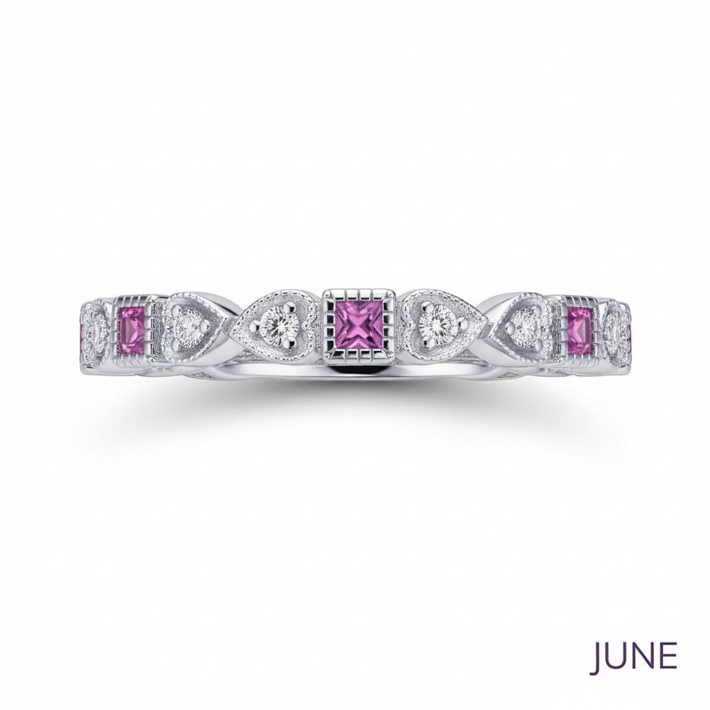 Selman's Jewelers Annie June Birthstone Ring with pink stones and diamonds in a silver band.