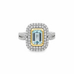 Selman's Jewelers 14k white and yellow gold ring with emerald-cut aquamarine and diamond halo.