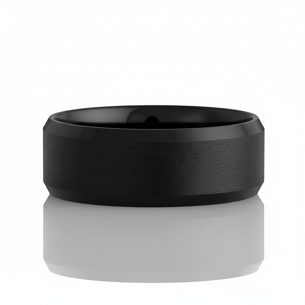 Selman's Jewelers black ceramic men's wedding band, size 10, with satin finish center and polished beveled edges.