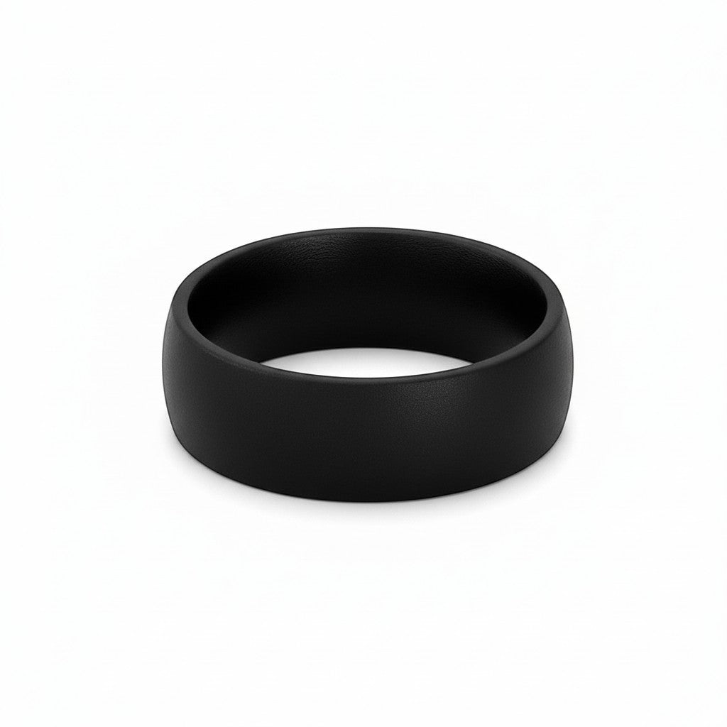 Selman's Jewelers 8mm black ceramic domed wedding band with military sandblast finish.