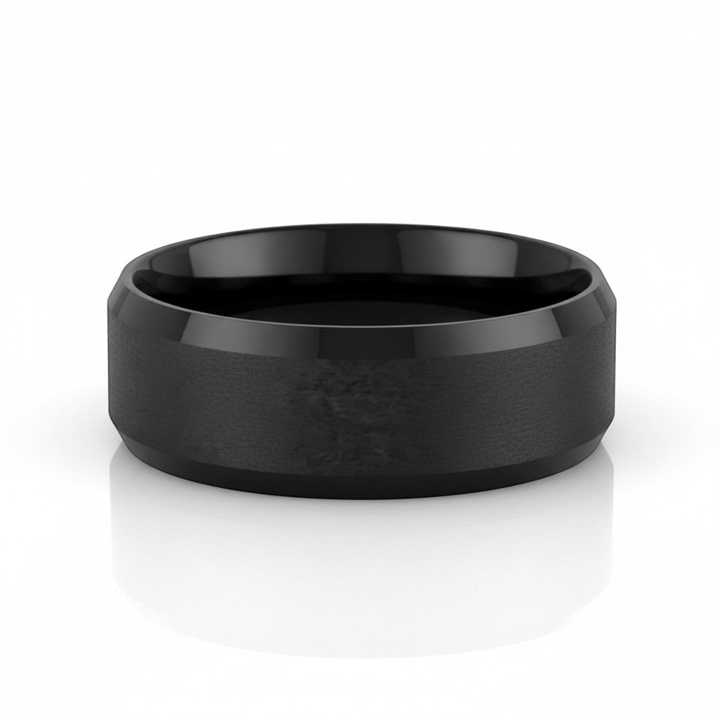 Selman's Jewelers 8mm black ceramic wedding band with satin finish center and polished edges, size 9.