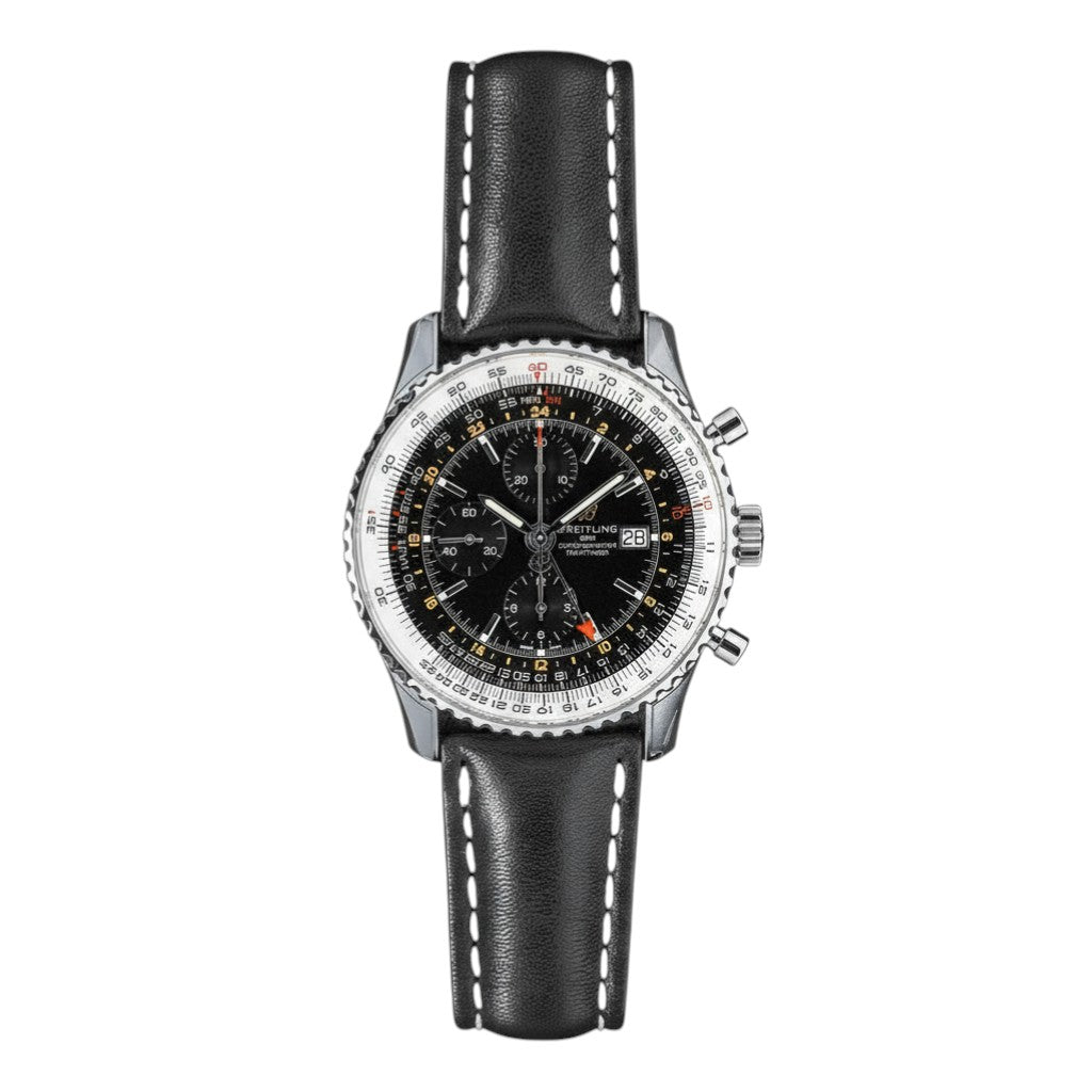 Selman's Jewelers pre-owned Breitling Navitimer stainless steel watch with black dial and black leather strap.