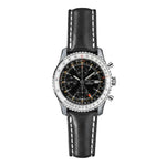 Selman's Jewelers pre-owned Breitling Navitimer stainless steel watch with black dial and black leather strap.