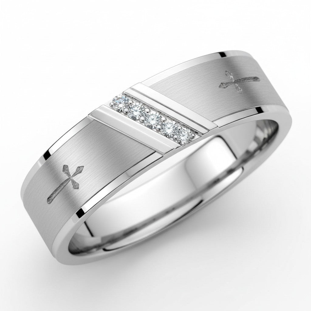 Selman's Jewelers Men's Stainless Steel Wedding Band with cross detail and 2 round diamonds, size 8.