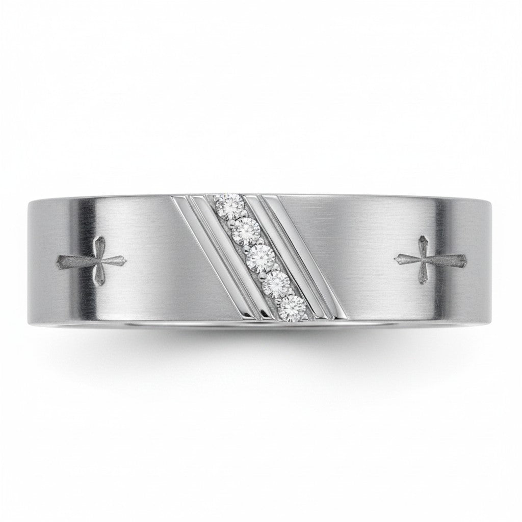 Selman's Jewelers Men's Stainless Steel Wedding Band with cross detail and 2 round diamonds, size 8.
