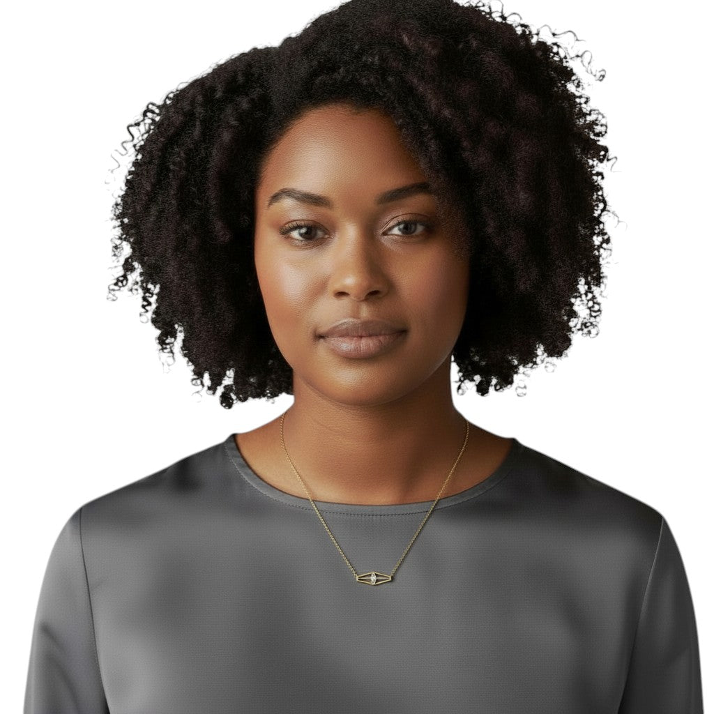 Selman's Jewelers Raya 14ky gold geometric necklace with marquise diamond.