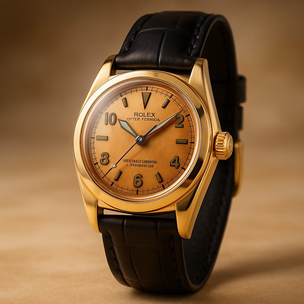 Selman's Jewelers 14K gold Rolex Bubbleback wristwatch, circa 1945, with a champagne dial and black alligator strap.