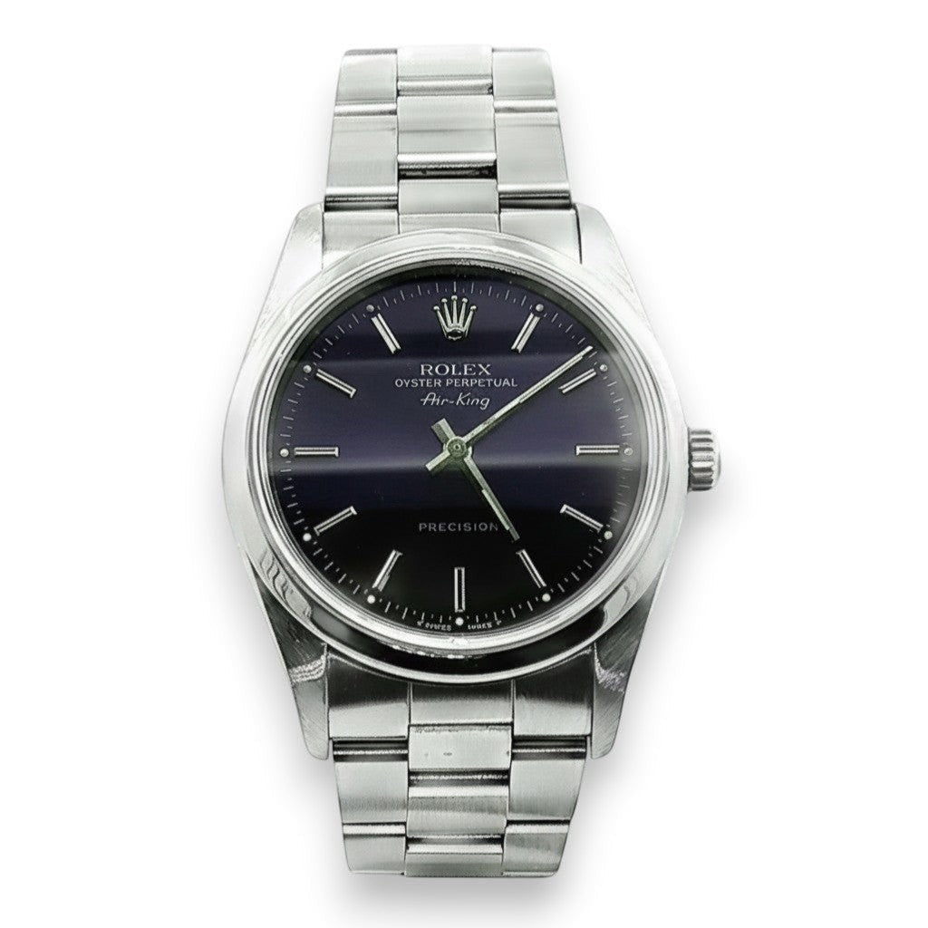 Selman’s Jewelers 1991 Rolex Air King Ref. 14000 blue stick dial watch with Oyster bracelet. Automatic movement.
