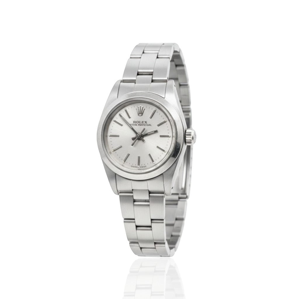 Selman's Jewelers pre-owned Rolex 26mm Datejust watch with silver dial and stainless steel Oyster bracelet. Reference #79160.