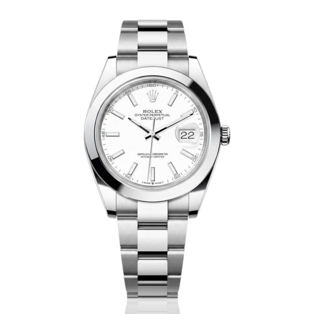 Selman's Jewelers Rolex Stainless Steel Datejust 41mm white dial Oyster bracelet smooth bezel watch with date.