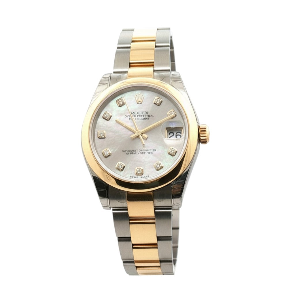 Selman's Jewelers pre-owned Rolex 31mm Datejust watch with silver dial, diamond markers, gold bezel, and two-tone Oyster bracelet. Includes box and papers.