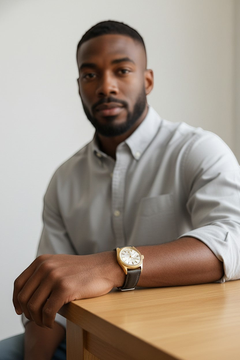 Selman's Jewelers 18k yellow gold Rolex Day-Date 36mm watch with white dial and fluted bezel. Features day and date complications.