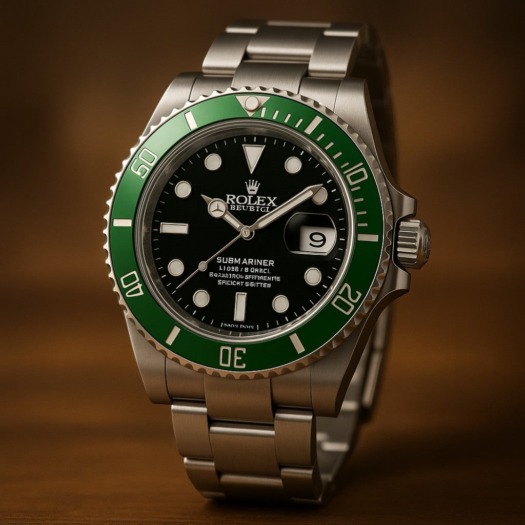 Selman's Jewelers Rolex Submariner "Starbucks" 126610LV watch with black dial, green ceramic bezel, and stainless steel bracelet.