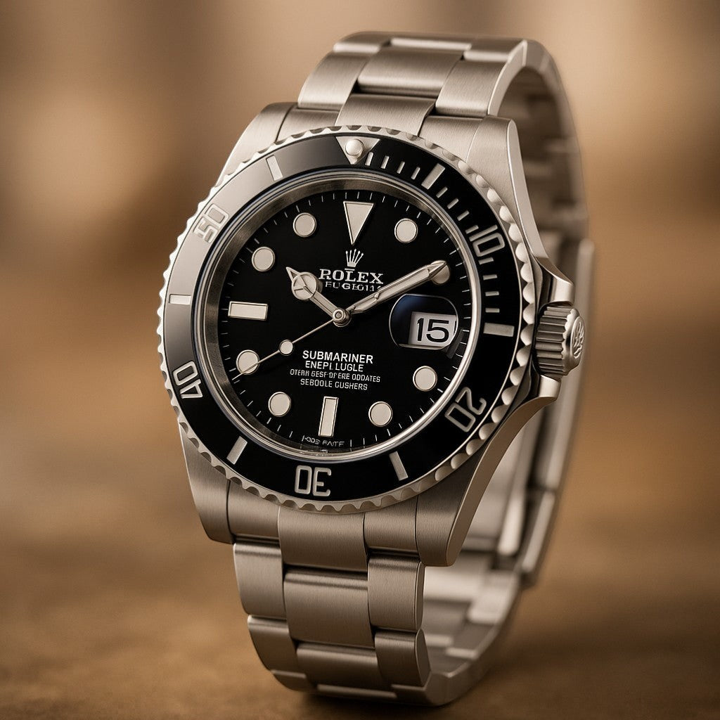 Selman’s Jewelers stainless steel Rolex Submariner watch with black dial, date window, and ceramic bezel.
