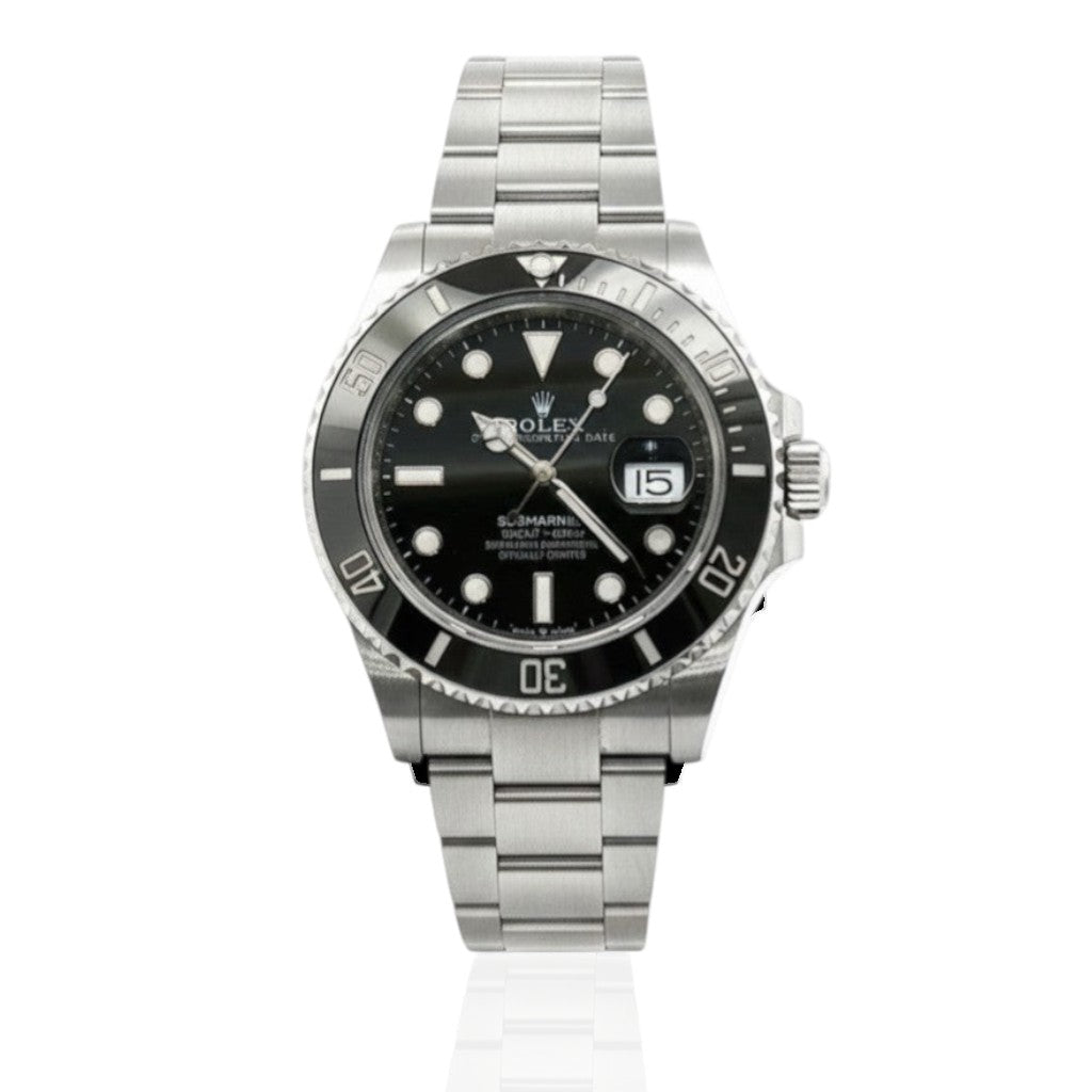 Selman's Jewelers Rolex 2021 Pre-Owned Submariner stainless steel watch with black dial and ceramic bezel.
