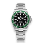 Selman's Jewelers Rolex Submariner 'Starbucks' watch with black dial, green ceramic bezel, and stainless steel bracelet.