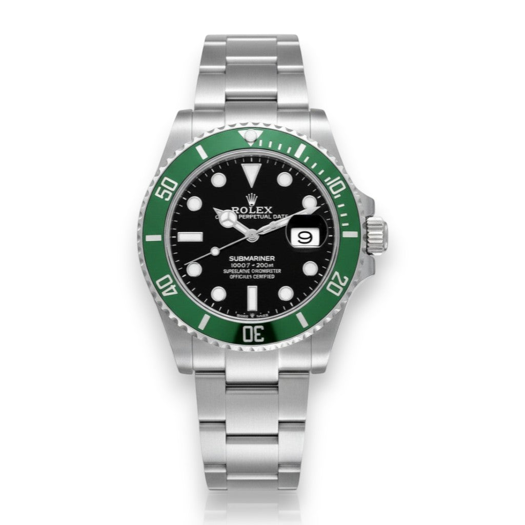 Selman's Jewelers Rolex Submariner 'Starbucks' watch with black dial, green ceramic bezel, and stainless steel bracelet.