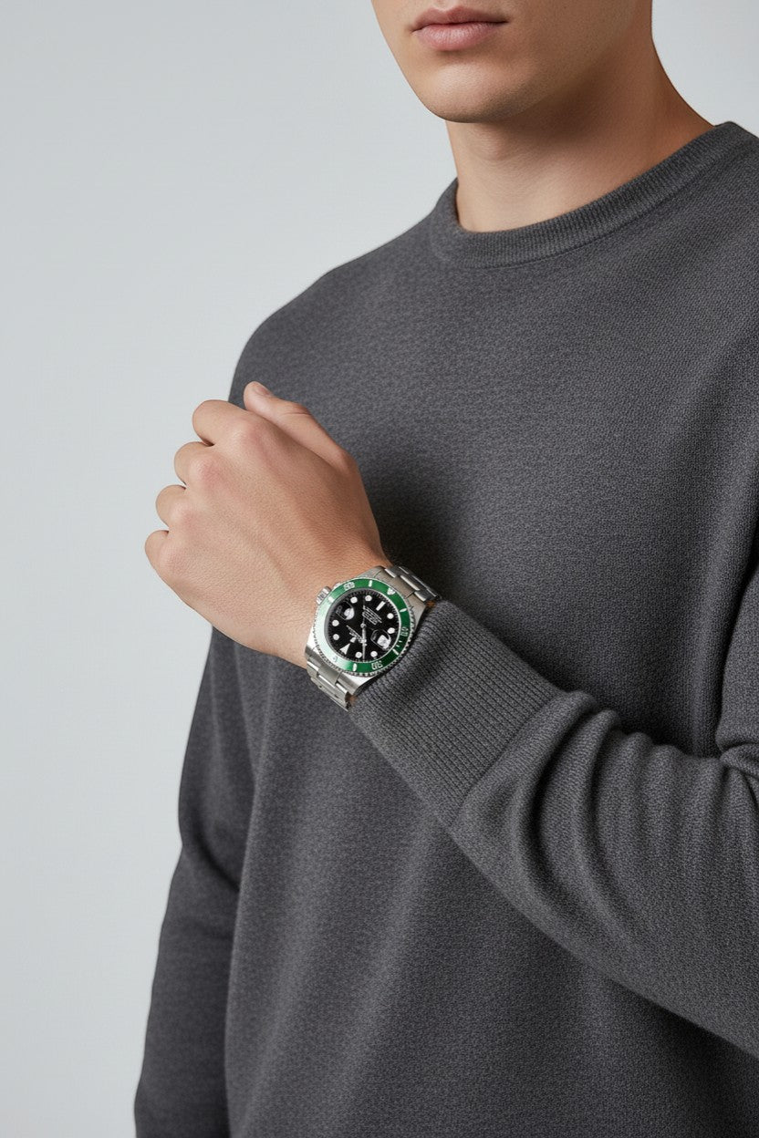 Selman's Jewelers Rolex Submariner 'Starbucks' watch with black dial, green ceramic bezel, and stainless steel bracelet.