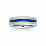 Selman's Jewelers 8mm Serinium® beveled edge wedding band with blue enamel inlay and polished finish.