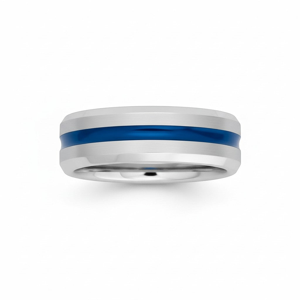 Selman's Jewelers 8mm Serinium® beveled edge wedding band with blue enamel inlay and polished finish.