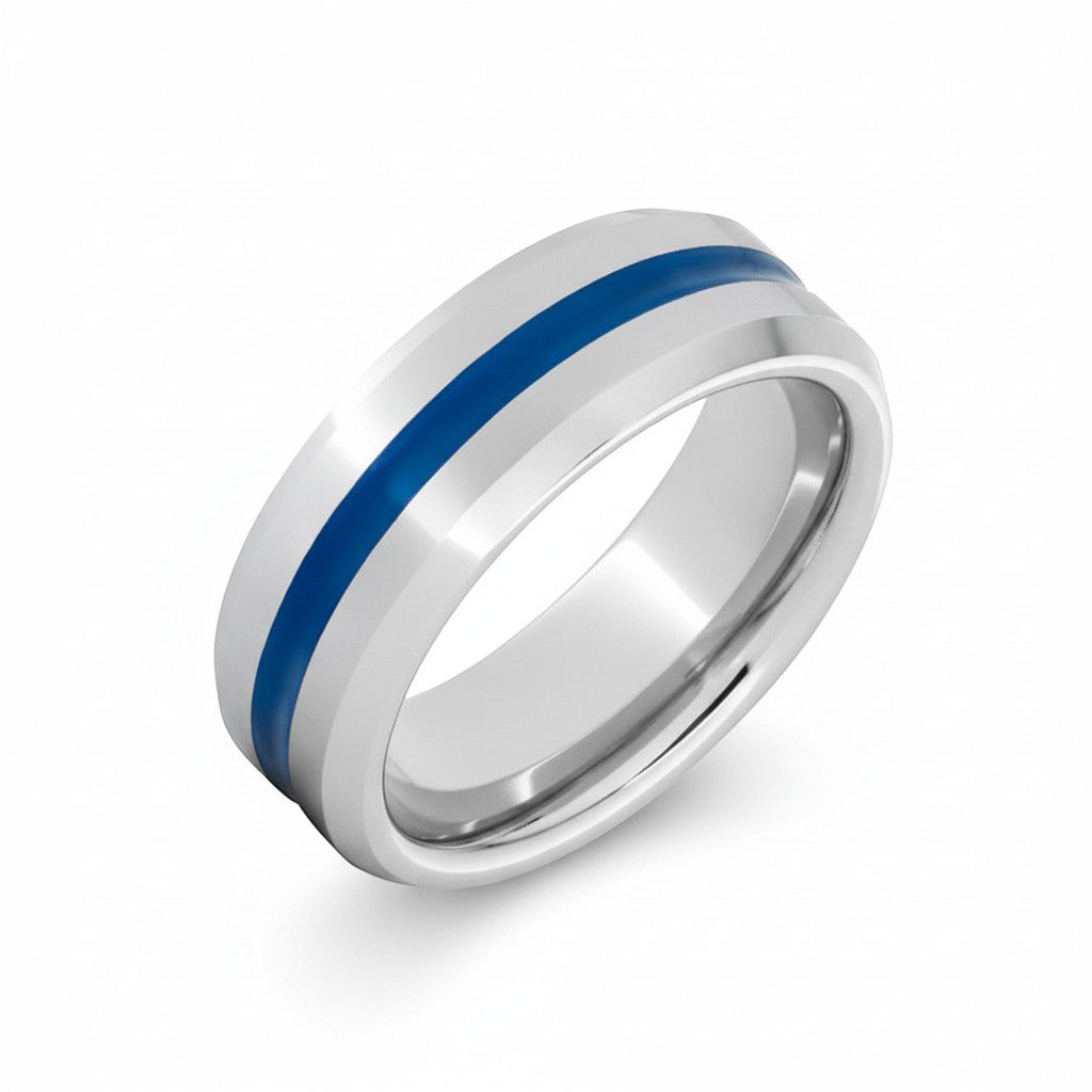 Selman's Jewelers 8mm Serinium® beveled edge wedding band with blue enamel inlay and polished finish.