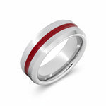 Selman's Jewelers 8mm Serinium wedding band with beveled edges and a polished finish, featuring a 2mm red enamel inlay.