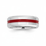 Selman's Jewelers men's polished Serinium wedding band with beveled edges and a red enamel inlay.