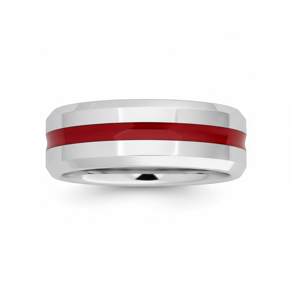 Selman's Jewelers men's polished Serinium wedding band with beveled edges and a red enamel inlay.