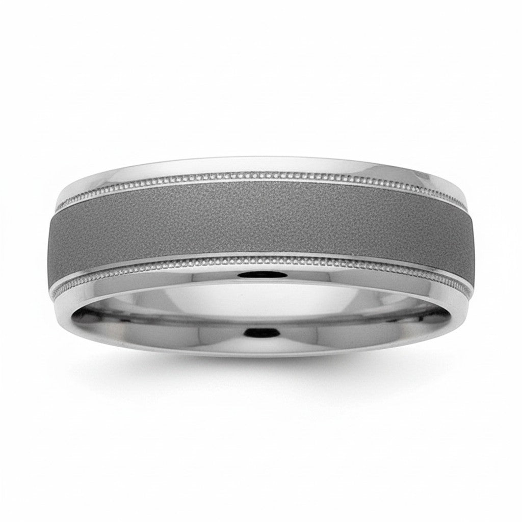 Selman's Jewelers Sterling Silver 7mm men's wedding band with brushed center, polished edges, and miligrain detail.