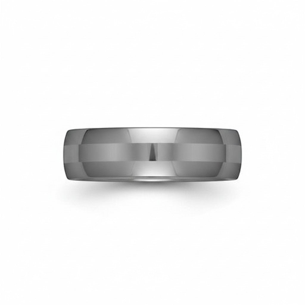 Selman's Jewelers men's domed tungsten wedding band with polished outer edges and a 2mm laser satin center.