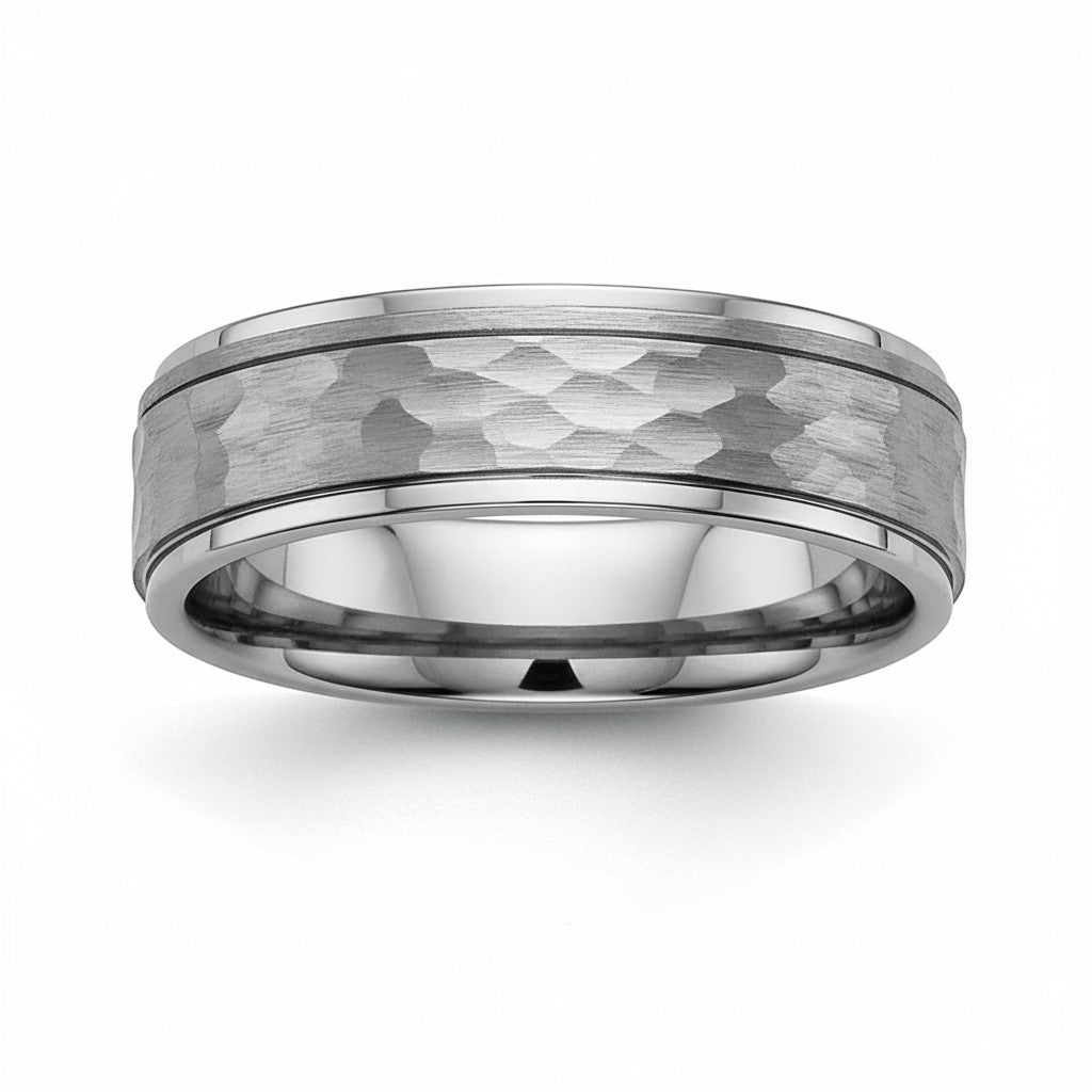 Selman's Jewelers 8mm Tungsten dome wedding band with hammer finish and step edge detail. Size 10.5.