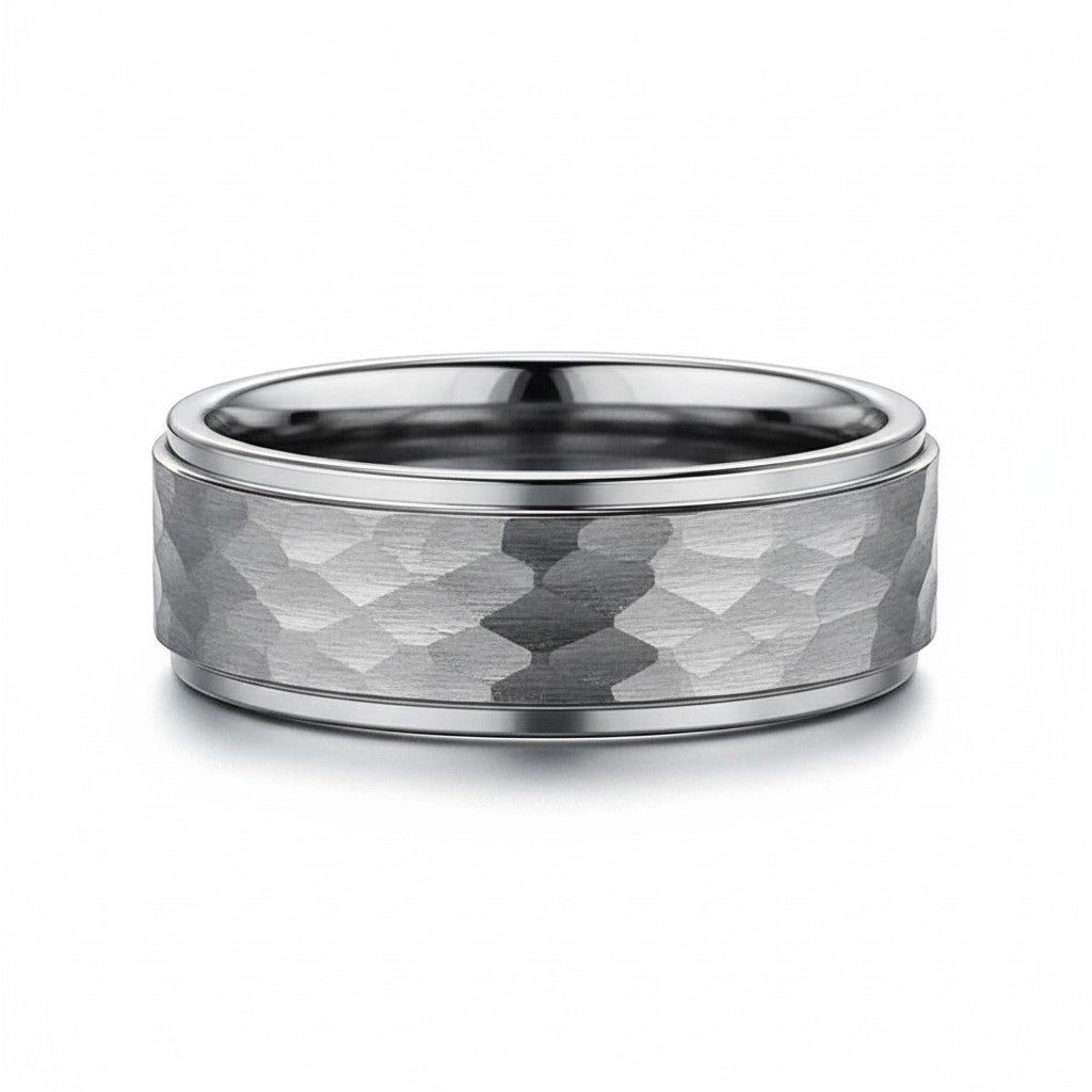 Selman's Jewelers 8mm Tungsten dome wedding band with hammer finish and step edge detail. Size 10.