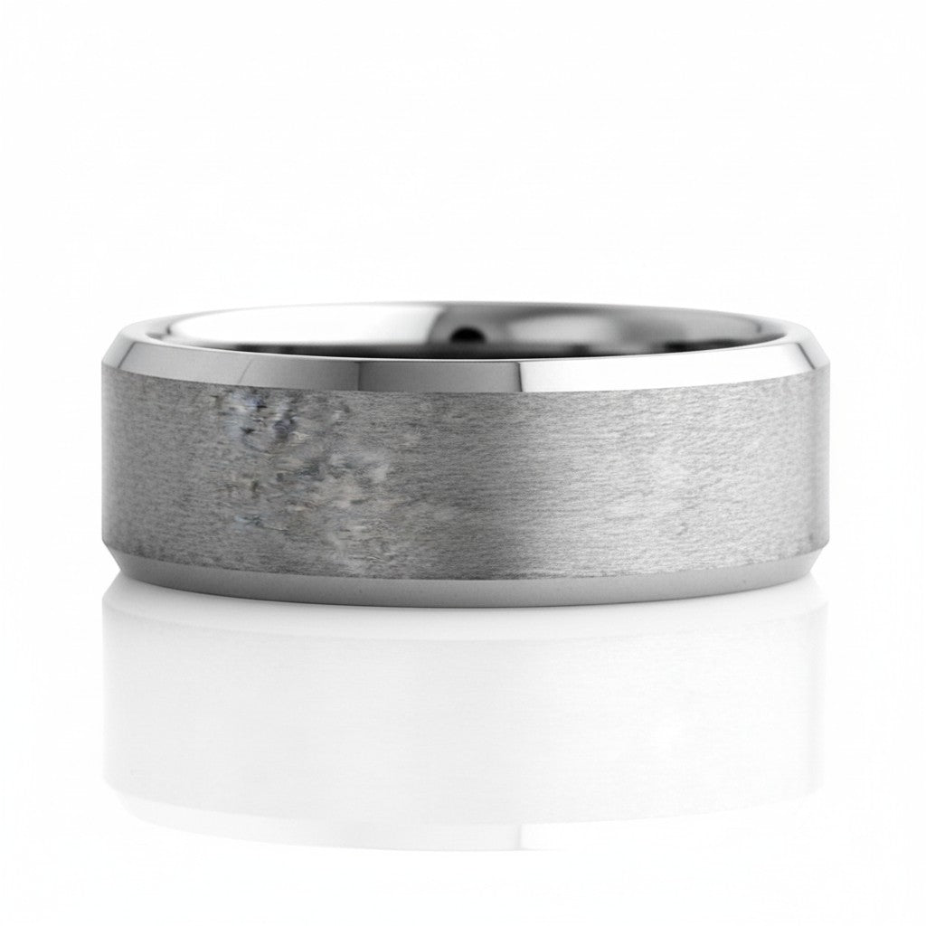 Selman's Jewelers men's 8mm tungsten wedding band with satin finish center and polished beveled edges, size 10.