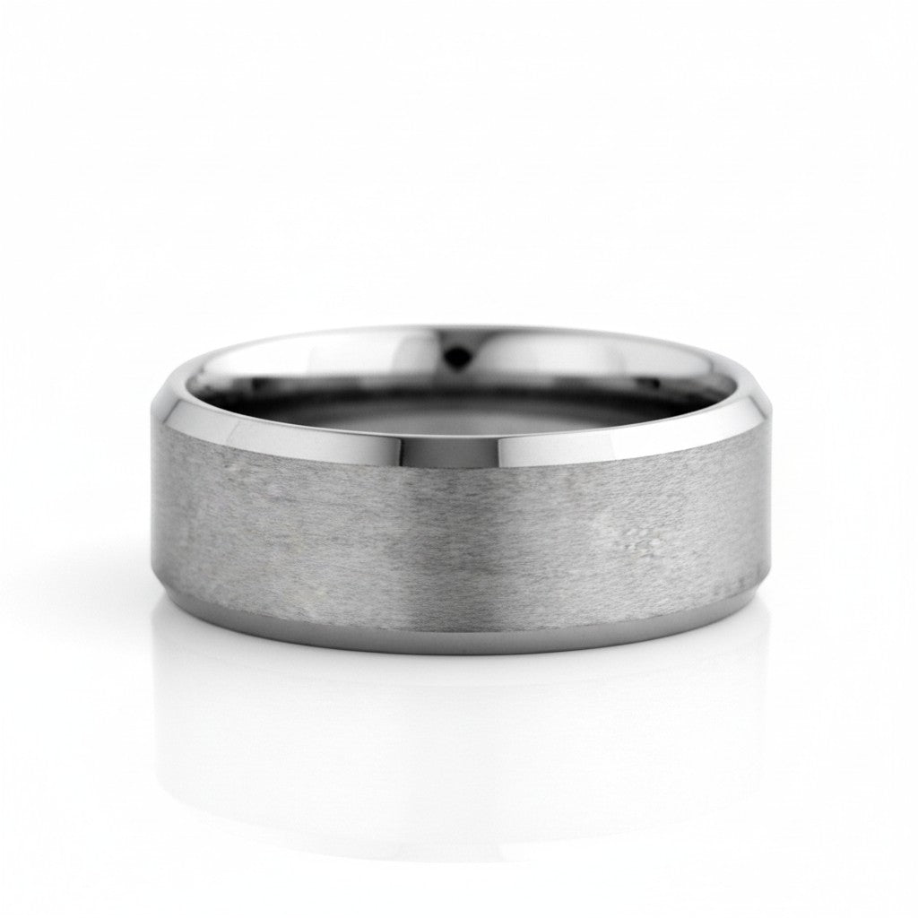 Selman's Jewelers men's tungsten wedding band, 8mm wide, satin finish center with polished beveled edges, size 13.