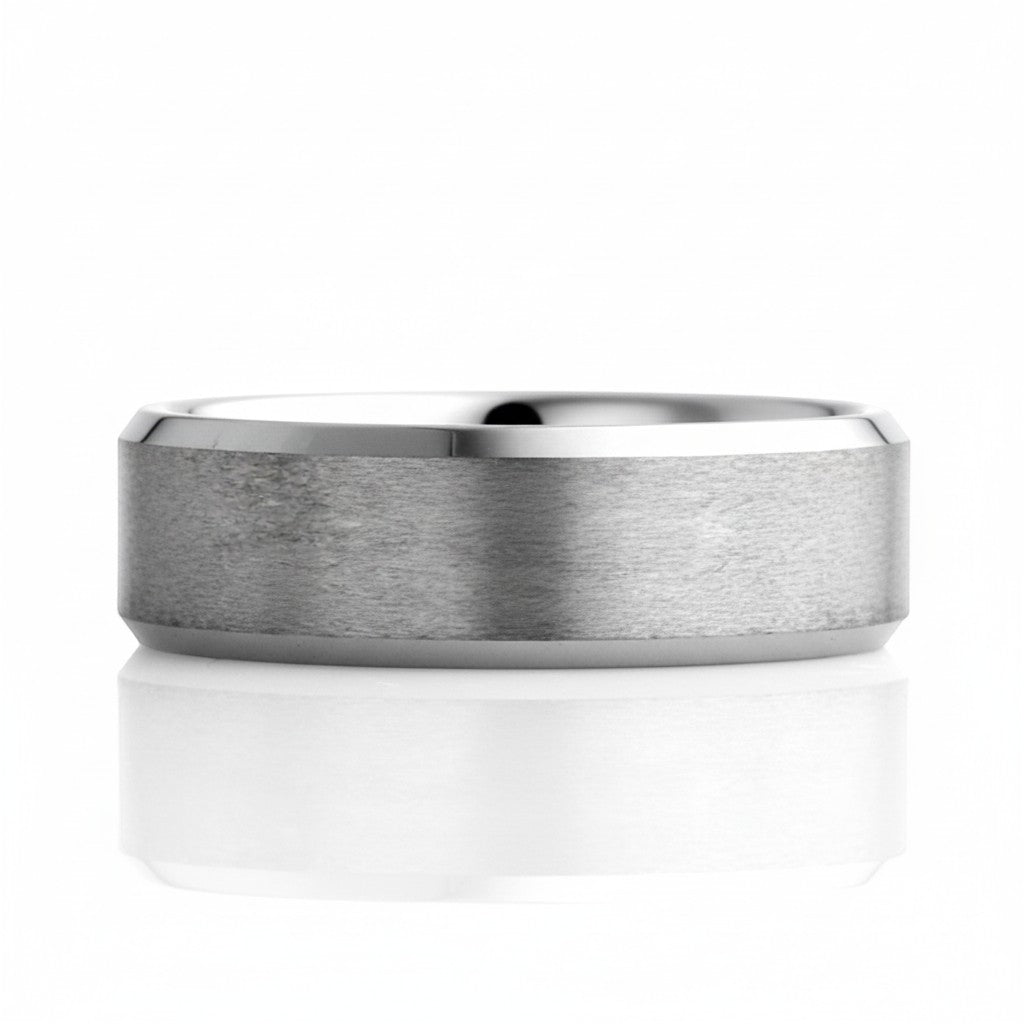 Selman's Jewelers men's tungsten wedding band, 8mm wide, with a satin finish center and polished beveled edges. Size 9.