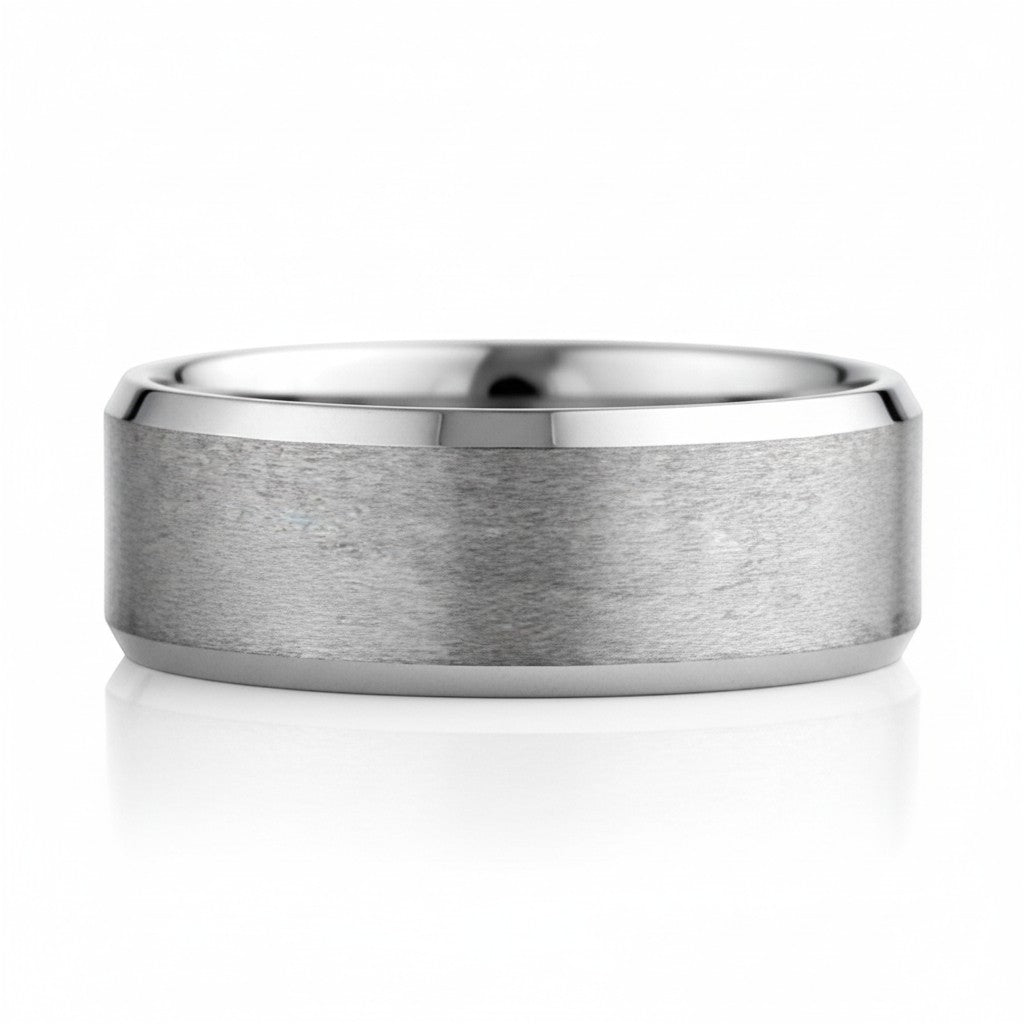 Selman's Jewelers men's tungsten wedding band, 8mm wide, with a satin finish center and polished beveled edges. Size 12.