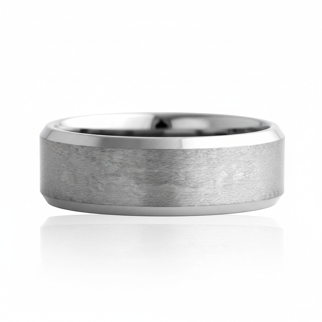 Selman's Jewelers men's 8mm tungsten wedding band with satin finish center and polished beveled edges, size 9.5.