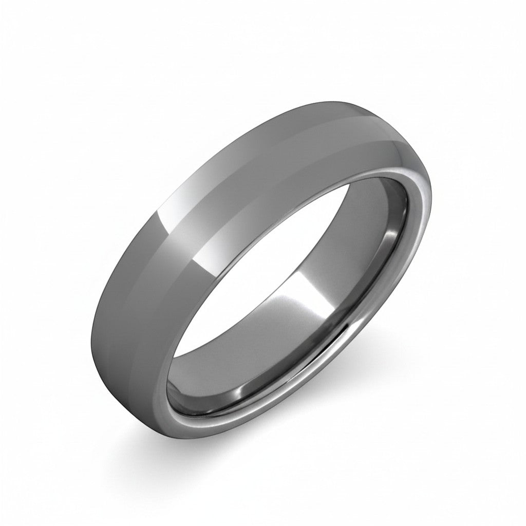 Selman's Jewelers men's domed tungsten wedding band with a polished finish and a satin center.