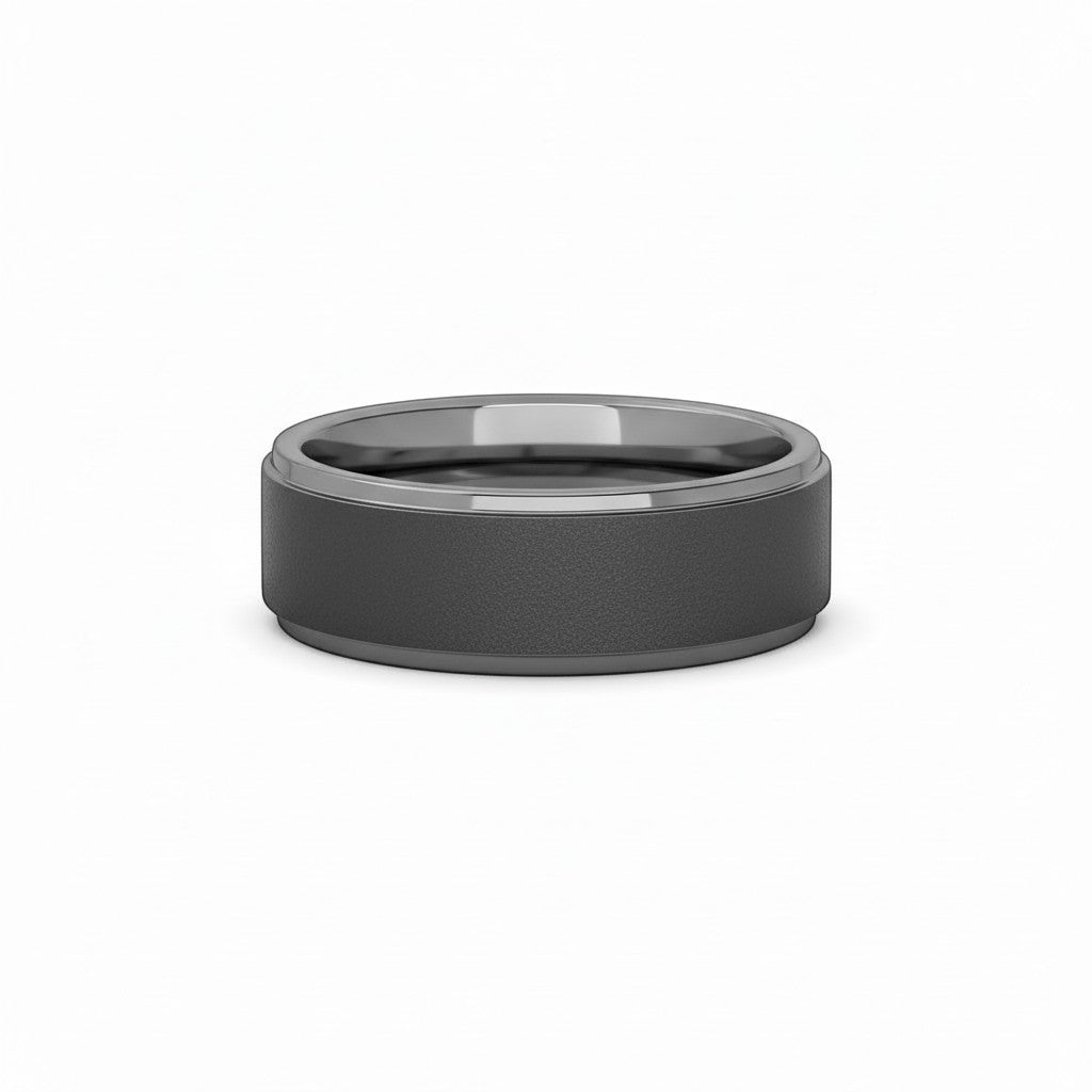 Selman's Jewelers men's flat grooved edge tungsten wedding band with sandblast finish.