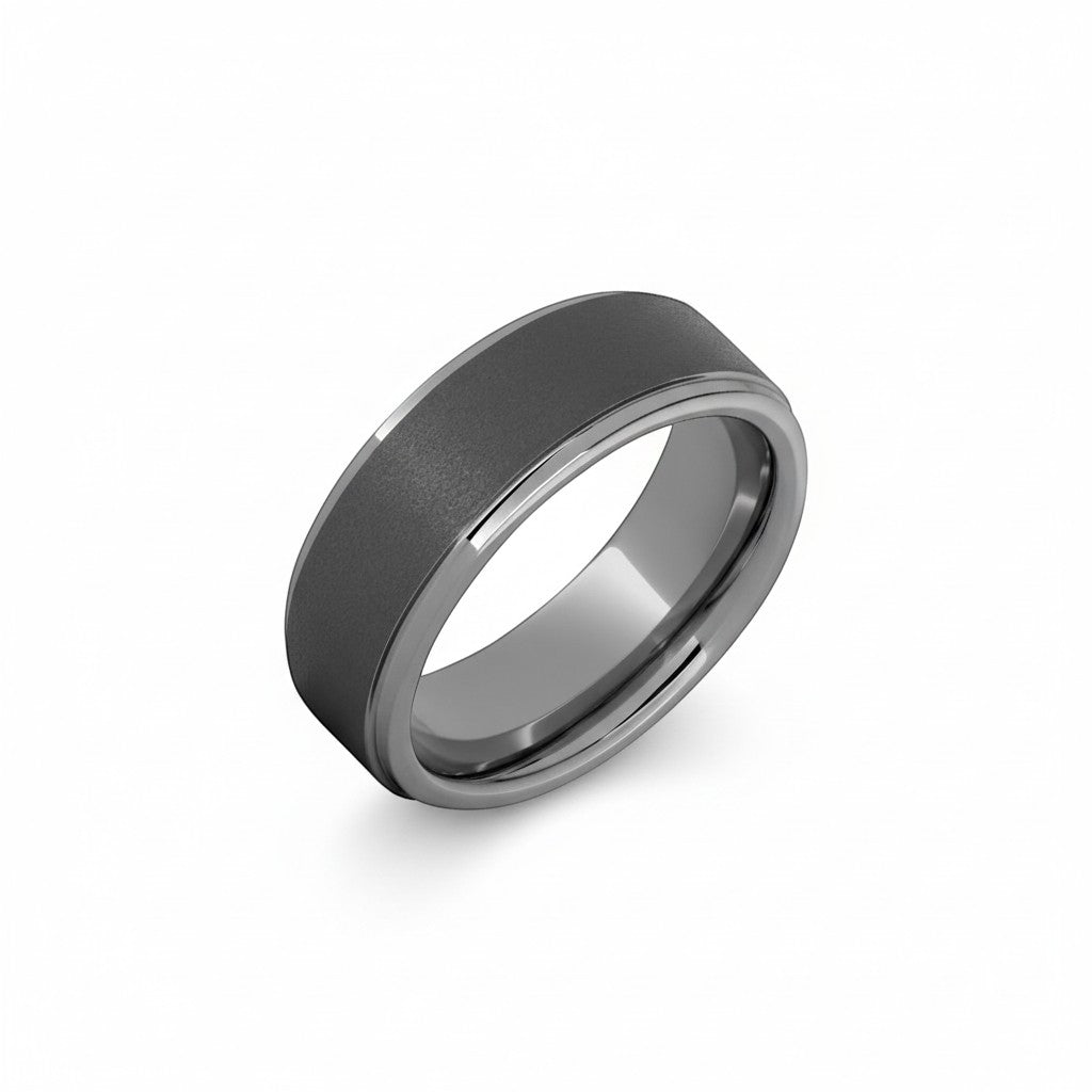 Selman's Jewelers men's tungsten wedding band with sandblast finish and grooved edge, size 12.5.